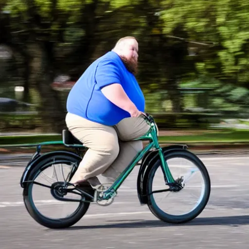 Prompt: a fat man riding a small bicycle