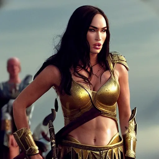 Image similar to megan fox as the greek goddess athena in battle, scene from live action movie