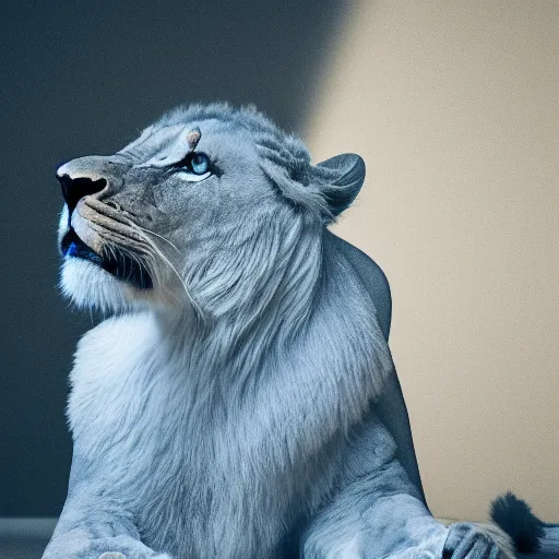 Prompt: studio photograph of a light blue lioness with wings sitting in a white room