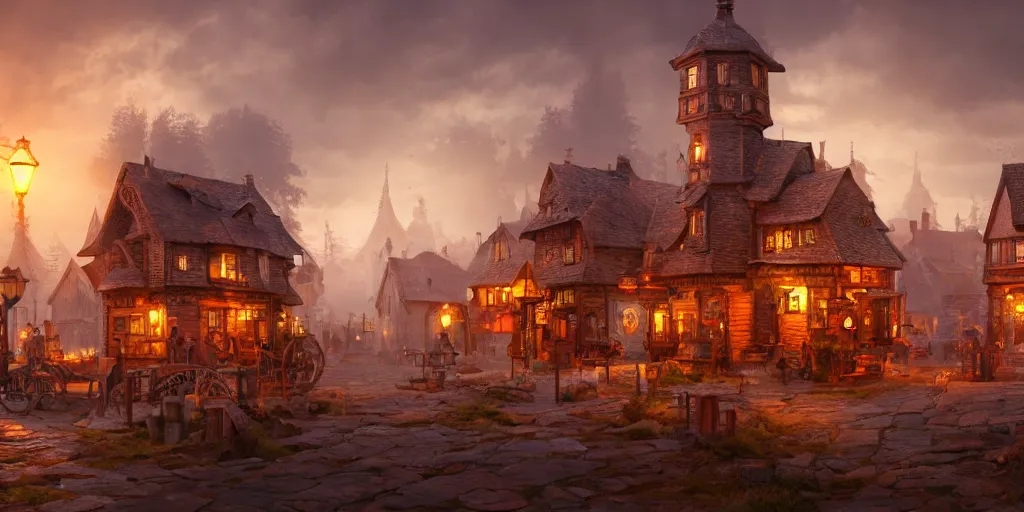 Image similar to a small steampunk wooden village, rich, soft colours, natural, steam, big clocks, concept art, octane render, unreal engine, in the style of luca guadagnino, highly detailed, high quality, artstation, digital art, 8 k hdr, cinematic, dramatic lighting, scenic, rich colour scheme