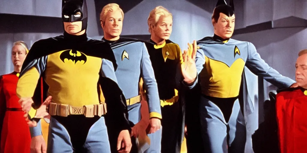 Image similar to (Batman) in Starfleet uniform, in the role of Captain Kirk in a scene from Star Trek the original series