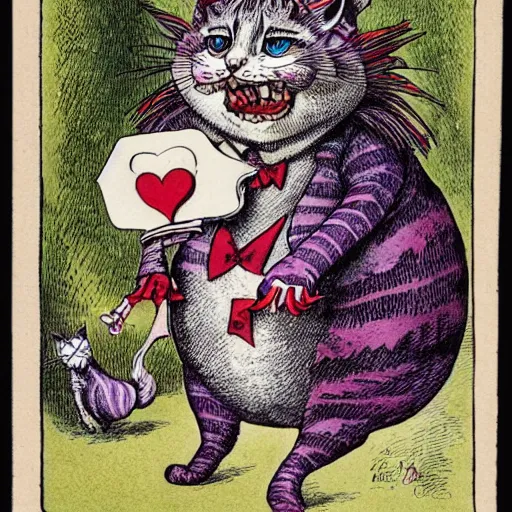 Image similar to cheshire cat eating queen of hearts, leading cat rebellion in wonderland, detailed, by John Tenniel