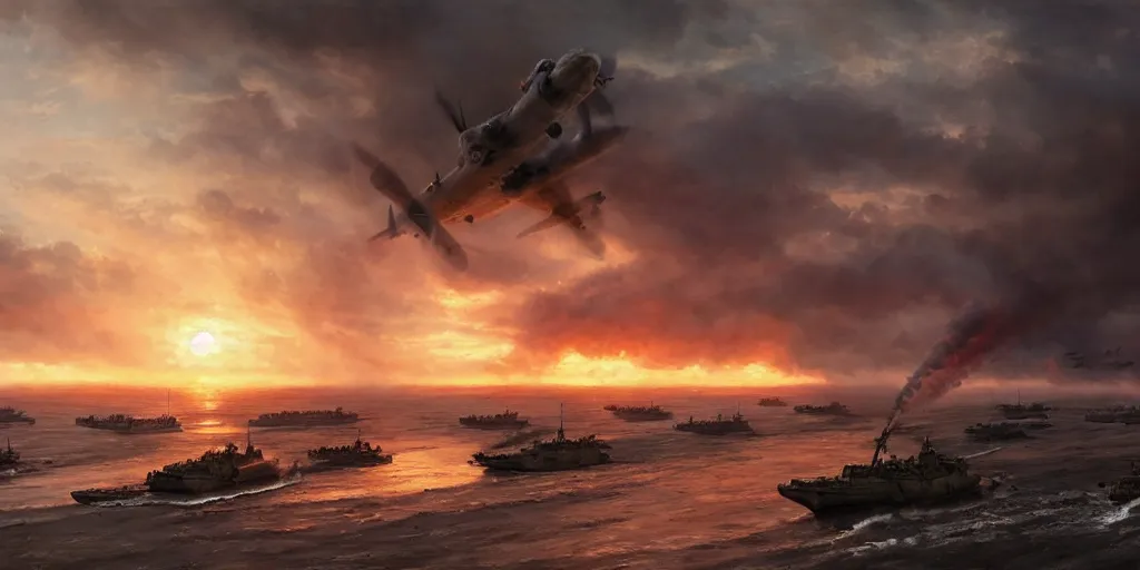 Prompt: the normandy landings, d - day, 1 9 4 5, sunset, chaos, smoke, fire, soldiers charging in, airplanes fighting in the sky, destroyed tanks, highly detailed, wide shot, sadness, cinematic, ultra realistic, ray tracing, painting by jessica rossier and ivan shishkin