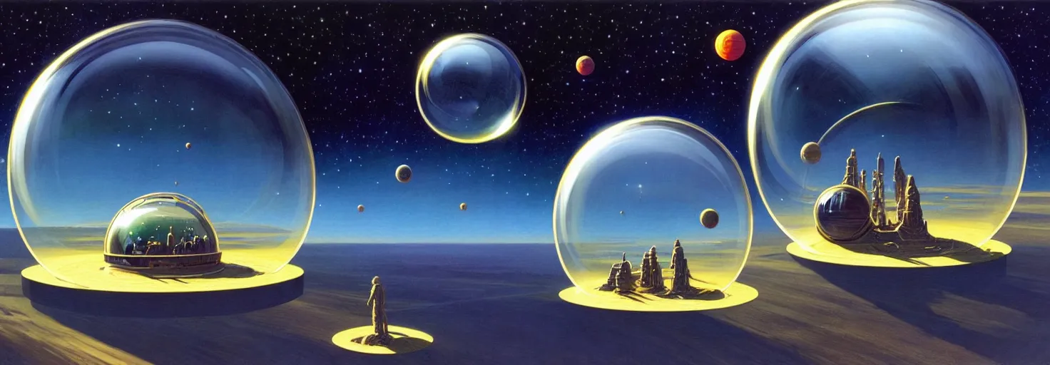 Prompt: Traveling space in a big glass bubble, intricate, elegant, highly detailed, digital painting, artstation, concept art, matte, sharp focus, illustration, art by Michael Whelan, Robert T. McCall, Chesley Bonestell and James Gurney.