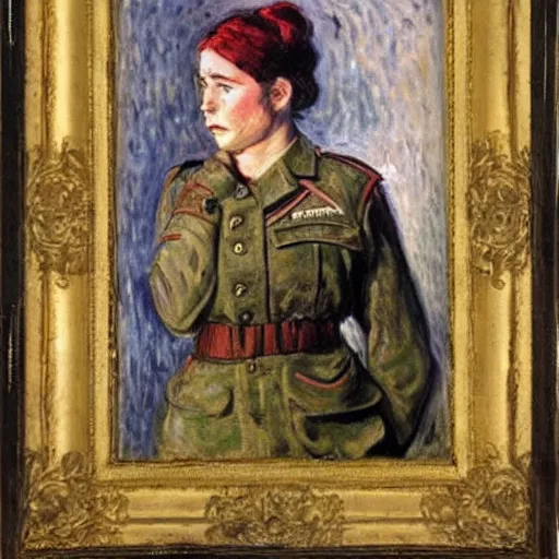 Prompt: a female soldier holding a a staple gun to her own head and looking depressed by monet