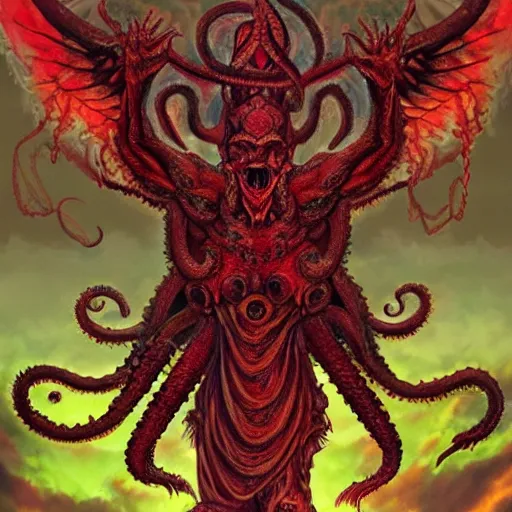 Image similar to 4K headshot of godlike Cthulhu with defined arms and open hands and bloody clothes with giant mandala wings , intricate face , flawless anime cel animation by Kentaro Miura, psychedelic , highly detailed upper body , professionally post-processed , beautiful, scary, symmetry accurate features, epic, octane rendered, anime masterpiece, accurate