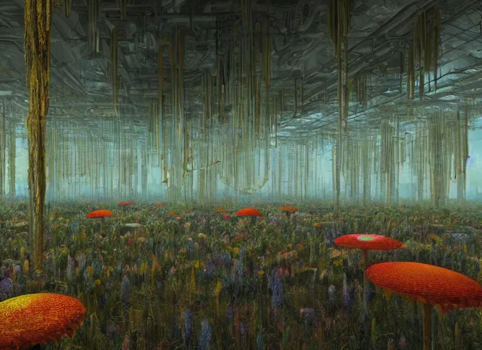 Prompt: rustic yet enormous SCP (Secure, Contain, Protect) agency interior with infinite rows of giant iridescent alien artifacts suspended in cylindrical containers made of gold and quartz by Simon Stalenhag, Zdiszlaw Beksinski, with vivid palette by James Gurney, overgrown with alien plants and flowers, inspired by Control the game, mysterious, eeriewave, hyperdetailed, dramatic camera angle with focus on infinity, octane render 8k, 4k, HDR, rtx on