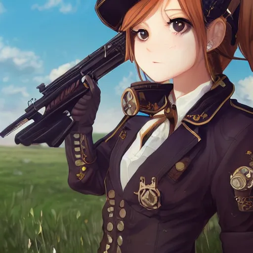 Prompt: girl with steampunk weapons and uniform, serious, finely detailed, made by wlop, full body portrait, illustration, grass, sunny, sky, anime, side view, perfect anime face, detailed face, zoomed out, smooth,