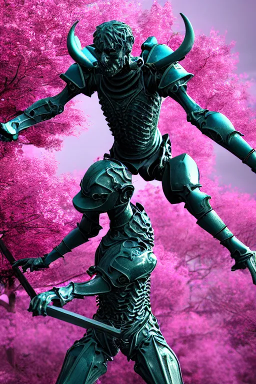 Image similar to hyperrealistic neo - gothic human gargoyle hybrid, exoskeleton armor, fighting with katana, field of pink flowers, highly detailed digital art masterpiece, vitaly bulgarov dramatic dark teal light, ground angle hd 8 k, sharp focus