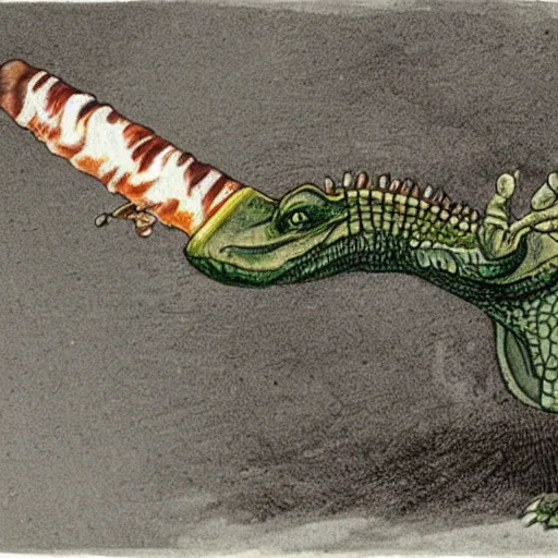 Image similar to a crocodile wearing smoking a cigar