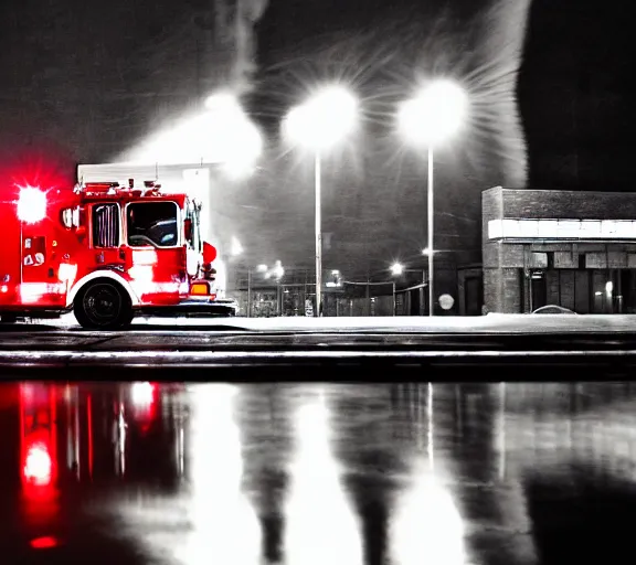 Image similar to A firetruck at night, city streets, back view, off angle, rule of thirds, dark shading, flashing lights, wet reflective concrete, city, photograph, award winning, deviantart