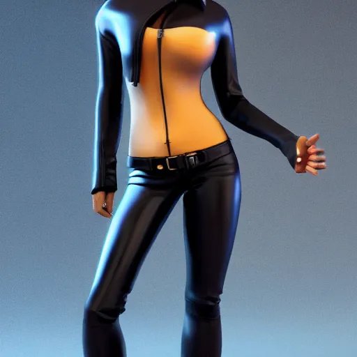 Image similar to a full body portrait of a female wearing a skintight leather jacket, trending on artstation, artstationhd, artstationhq, full body shot, cycles render, octane render, unreal engine, vray
