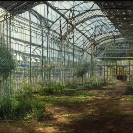 Image similar to concept art of an abandoned greenhouse with subtle psychedelic alterations by john howe and henry ossawa tanner, trending on artstation, hyperrealism, highly detailed, art gallery, museum piece