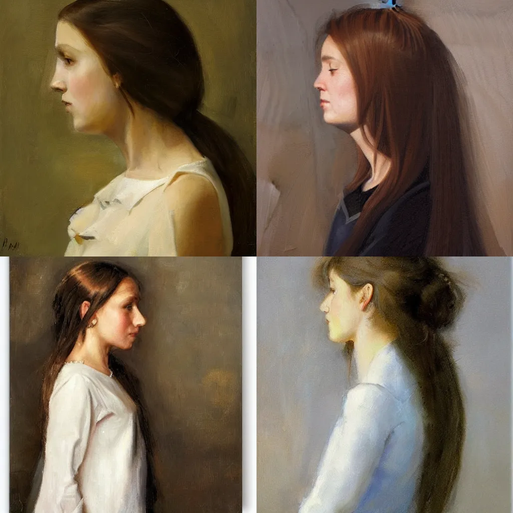 Prompt: girl with long hair, profile, silk dress, by david leffel