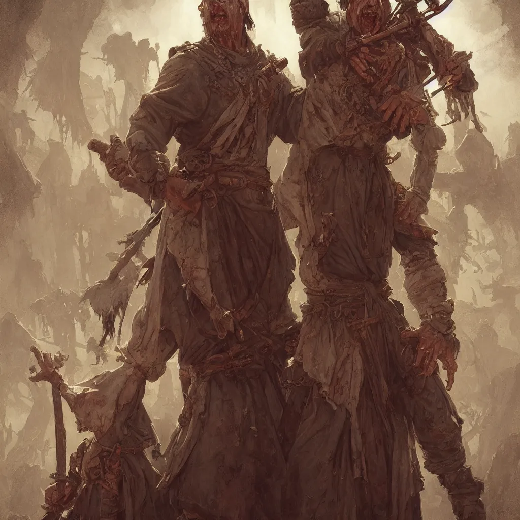 Image similar to medieval zombie peasant, D&D character, highly detailed, digital fantasy character, painted portrait, artstation, concept art, hard focus, illustration, art by artgerm and greg rutkowski and Alphonse Mucha and Craig Mullins, James Jean, Andrey Ryabovichev, Mark Simonetti and Peter Morbacher