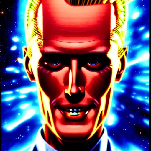 Image similar to uhd hyperrealistic photorealisitc detailed image of cosmic max headroom with sparking, busted, broken cybernetic implants, correct face, matt frewer as max headroom by ayami kojima, amano, karol bak, and ferdinand knab.