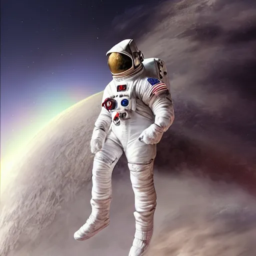 Prompt: an astronaut with a white spacesuit and a helmet with a red visor. white planet. white ground. ultra detailed, high definition, by ilya kuvshinov, hayao miyazaki, kentaro miura, thomas kinkade, greg rutkowski, gorgeous, beautiful, cinematic, dynamic volumetric lighting, white dust clouds, intense, dramatic