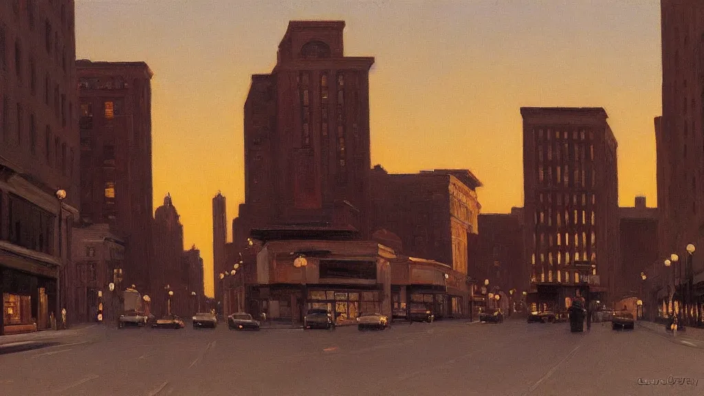 Prompt: city street at dusk by james gurney and edward hopper