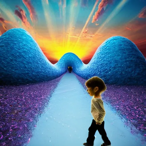 Image similar to a _ child _ walking _ down _ a _ liminal _ styled _ space _ stunning _ sunset _ in _ a _ heavenly _ crystallized _ garden _ of _ eden _ notan _ 3 d _ architecture _ single _ point _ perspective _ f 2 2 _ untra _ long _ shot _ wide _ angle _ lens _ trending _ on _ artstation