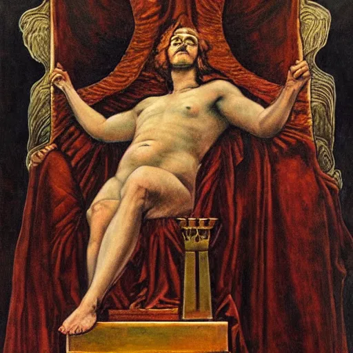 Prompt: the morning star, emperor of the world, sits in his golden throne, pensive by austin osman spare and roberto ferri