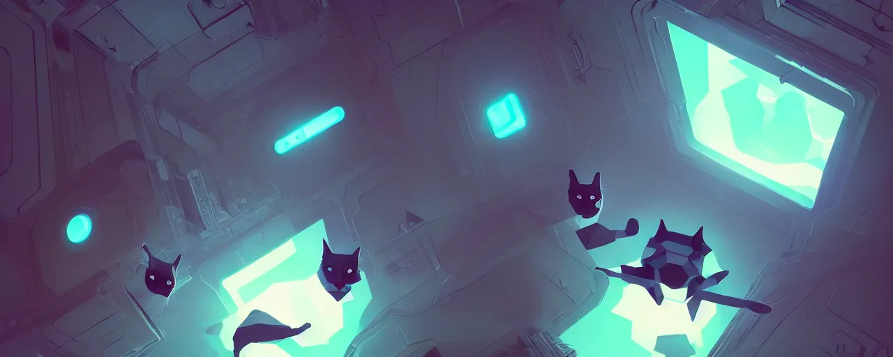 Image similar to duotone noir scifi concept illustration of lowpoly cats inside box floating zero gravity glowing 3 d mesh portals futuristic, glowing eyes, octane render, surreal atmosphere, volumetric lighting. accidental renaissance. by sachin teng and sergey kolesov and ruan jia and heng z. graffiti art, scifi, fantasy, hyper detailed. trending on artstation