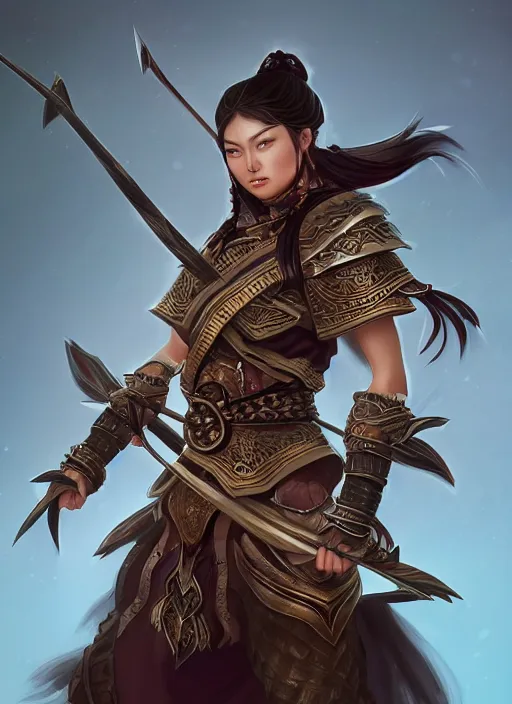 Image similar to a highly detailed illustration of fierce mongol warrior woman with bow, heroic shooting bow pose, perfect face, intricate, elegant, highly detailed, centered, digital painting, artstation, concept art, smooth, sharp focus, league of legends concept art, wlop.