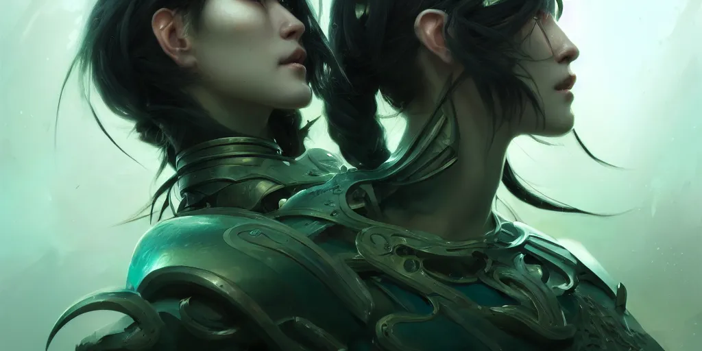Image similar to ultra detailed beautiful nordic cyborg, black long hair, green eyes, sharp bone structure, extremely detailed digital painting, in the style of fenghua zhong and ruan jia and jeremy lipking and peter mohrbacher, mystical colors, rim light, beautiful lighting, 8 k, stunning scene, raytracing, octane, trending on artstation