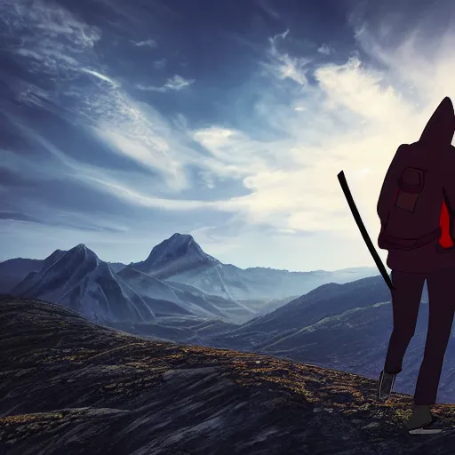 Prompt: person with hoodie walking up a mountain with a backpack that has katanas on the sides by carrie south, anime, amazing composition, astonishing detail, smooth lines, beautiful scenery