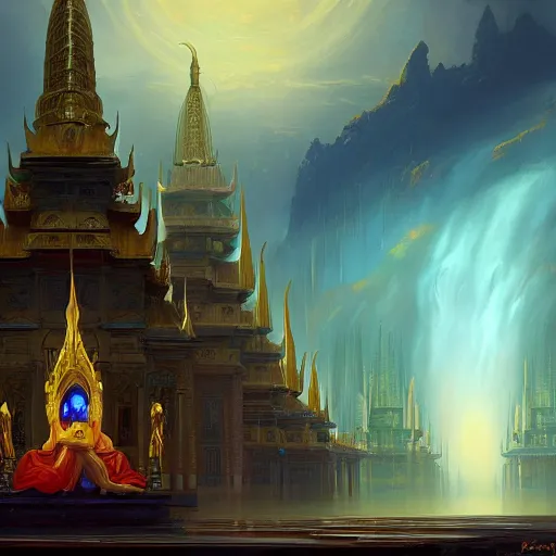 Image similar to grand palace temple for leader of galactic empire by peter mohrbacher, vivid colors, matte painting, 8K, concept art, mystical color scheme, trending on artstation