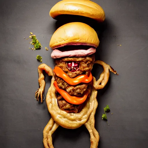 Image similar to a humanoid bipedal upright zombie that strongly resembles a hamburger, professional food photography