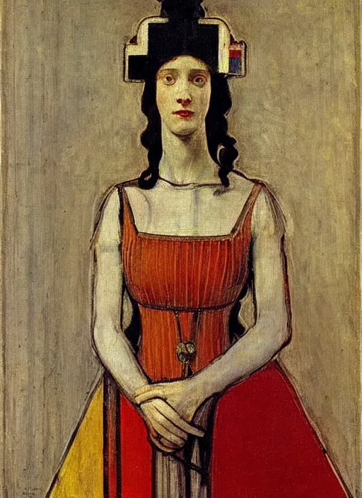 Image similar to portrait of young woman in renaissance dress and renaissance headdress, art by piet mondrian