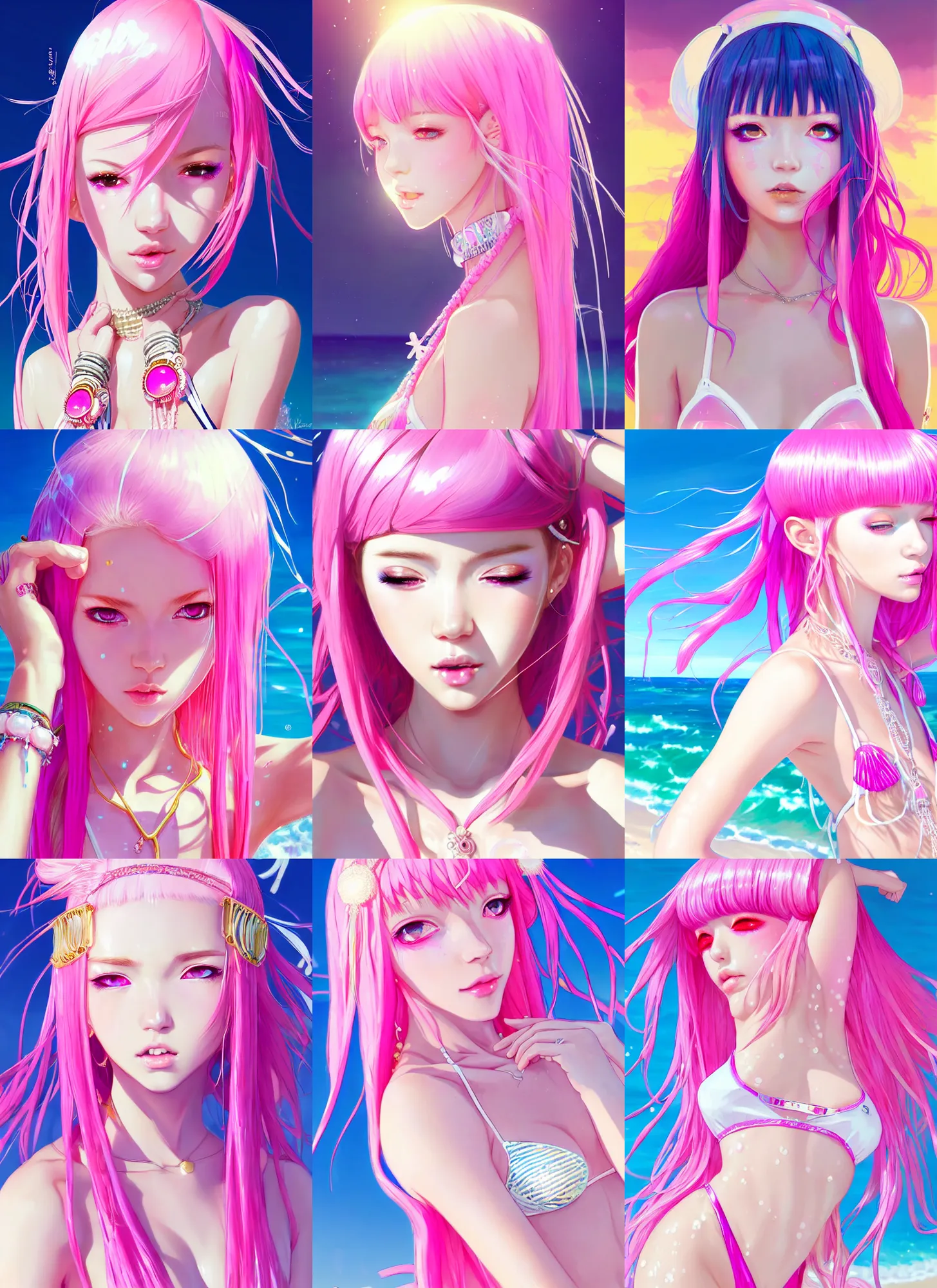 Prompt: portrait of a beautiful glossy girl with pink translucent hair with boho accessories, in white reflective bikini at beach, splash, symmetry face, top lighting, anime style, highly detailed, seraphine ahri kda, art by hidari and krenz and wenjun lin and starember and kuvshinov ilya and kidmo and rossdraws and artgerm