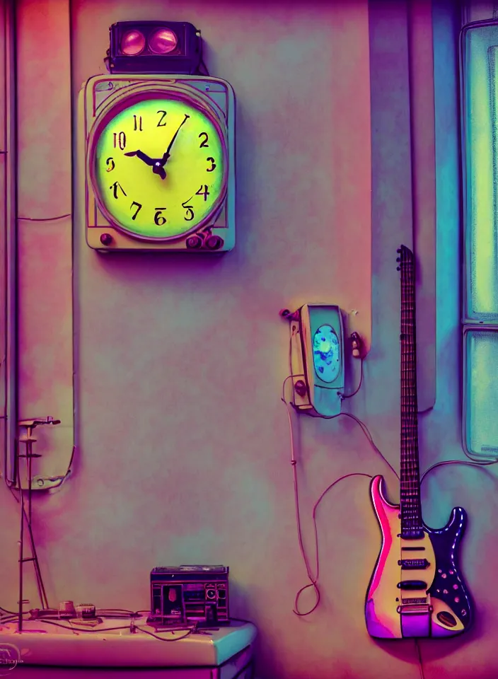 Prompt: telephoto 7 0 mm f / 2. 8 iso 2 0 0 photograph depicting the feeling of chrysalism in a cosy safe cluttered french sci - fi art nouveau cyberpunk apartment in a pastel dreamstate art cinema style. ( electric guitar ) ( ( fish tank ) ) ( ( clock ) ), ambient light.