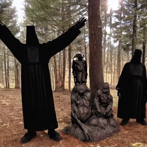 Image similar to black robed group of occultist worshipping a bigfoot statue