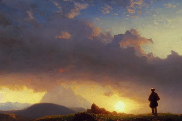 Prompt: a traveler wandering trough the mountains looking at the clouds, very detailed, oil painting, cinematic lighting, albert bierstadt, trending on artstation, colorful, canvas, sunset, theodor kittelsen