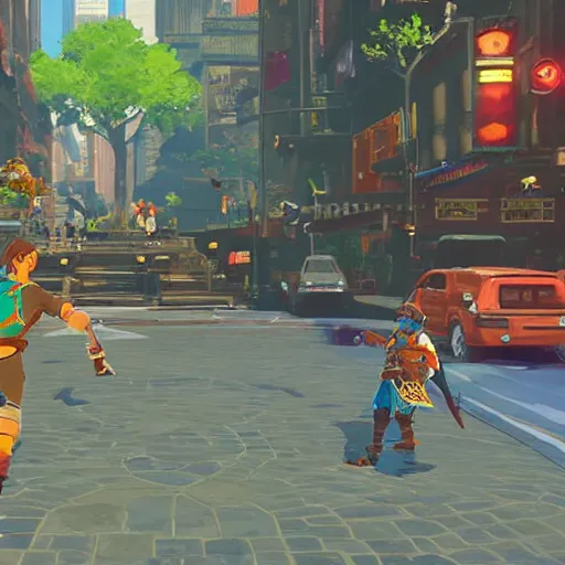 Prompt: the streets of New York City, Breath of the Wild gameplay