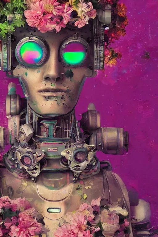Prompt: a digital painting of a robot with flowers, cyberpunk portrait art by Filip Hodas, cgsociety, panfuturism, made of flowers, dystopian art, vaporwave