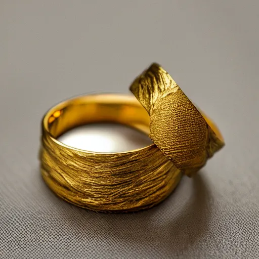 Prompt: gold wedding rings, thin, twist in the middle water texture on the ring, white background