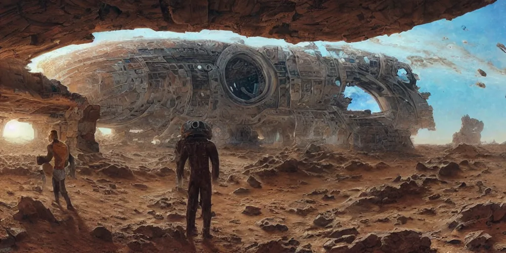 Image similar to supernova, neo brutalism space station ruins in the mars desert, painted by steve mccurry, ruan jia, raymond swanland, lawrence alma tadema, zdzislaw beksinski, norman rockwell, jack kirby, tom lovell, alex malveda, greg staples