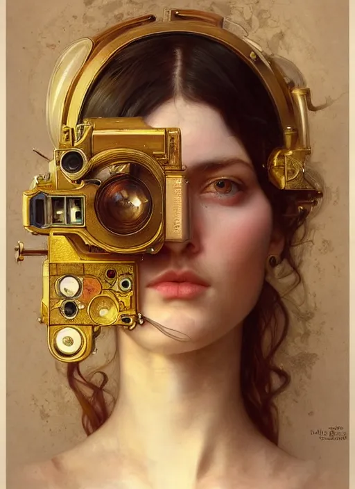 Image similar to hyper realistic photographer looking through a vintage medium format camera, design on white background, beautiful details, lush foliage cyberpunk, gold, drawn by john singer sargent, tom bagshaw, norman rockwell, alphonso mucha, lolish, trending on artstation