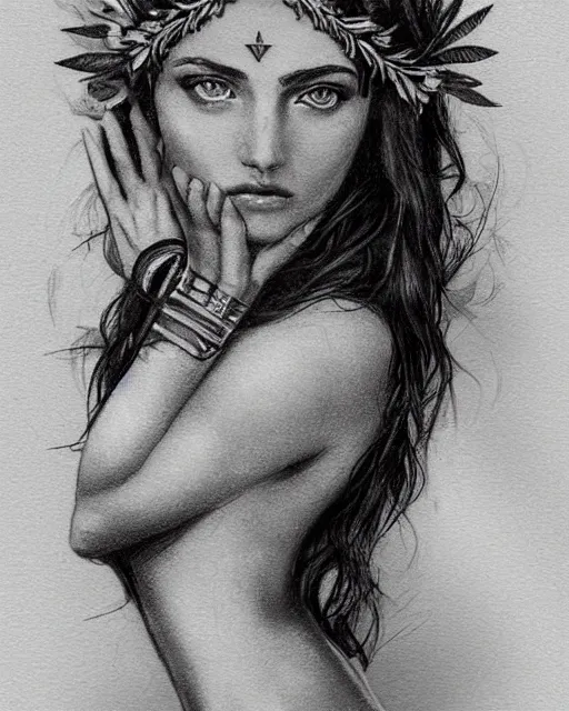 Image similar to realism tattoo sketch of a beautiful greek goddess aphrodite with piercing eyes wearing a laurel wreath and triangle earrings, in the style of greg rutkowski, amazing detail