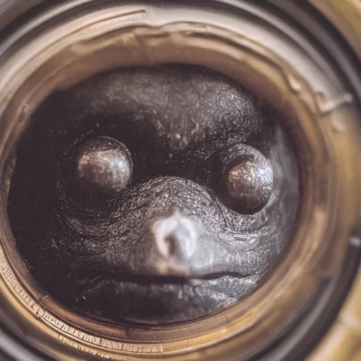 Prompt: a taxidermized frowning black hole, in a museum, 8 5 mm lens, 7 0 mm entrance pupil diameter, close - up photograph, high detail, 4 k, soft focus, depth of field