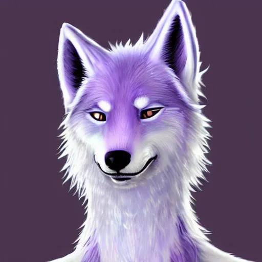 Image similar to An anthropomorphic lavender-colored wolf character with spiky white hair, furry fandom, digital painting, detailed, cute