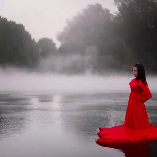Prompt: wide shot of girl in red dress floating in the river, fog, dramatic, film grain