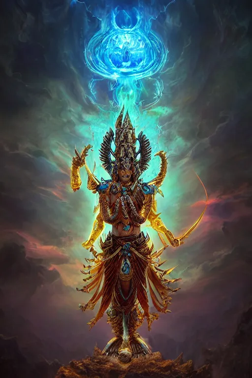 Image similar to an ultra detailed 3 d render of the vishnu as an elden ring boss, epic anime fantasy, 8 k, in the style of a fantasy metal album cover and magic the gathering, volumetric lighting, smooth, highly detailed, digital illustration, octane render, art by albert bierstadt and greg rutkowsi, artstation