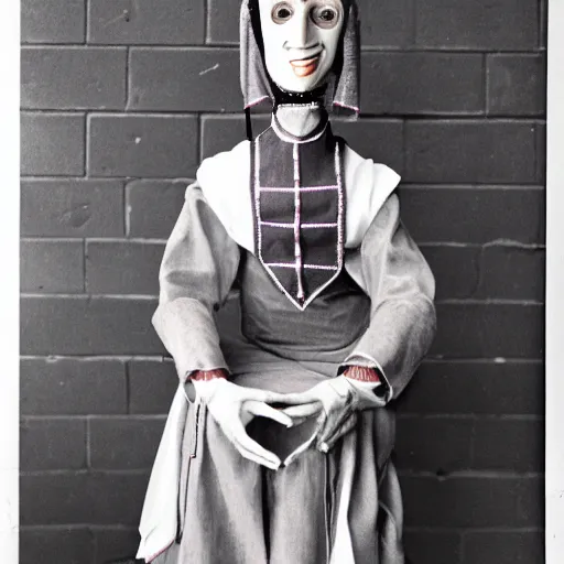 Image similar to Hildegard Von Bingen ventriloquist dummy on a stool, 35mm film