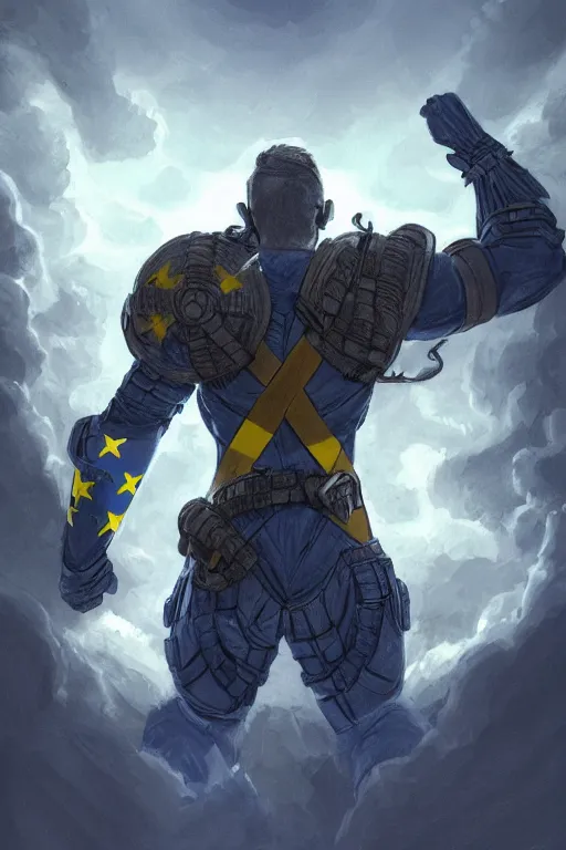 Prompt: an accurate picture of a super soldier with a Ukrainian blue and yellow stripes flag standing in the beam of light from the clouds on a pile of skulls as a winner, masculine figure, D&D, fantasy, intricate, elegant, highly detailed, extremely detailed, digital painting, artstation, concept art, matte, sharp focus, symmetrical, illustration, art by Artgerm and Greg Rutkowski and Alphonse Mucha