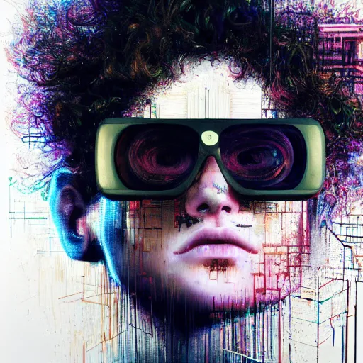Prompt: hyperrealistic portrait of a young teenager with curly hair with vr glasses, by Guy Denning, by Johannes Itten, by Russ Mills, centered, glitch art, hacking effects, digital tech effects, cyberpunk, color blocking! , oil on canvas, intricate detail, concept art, abstract, octane render, octane, cgsociety, 8k, trending on artstation