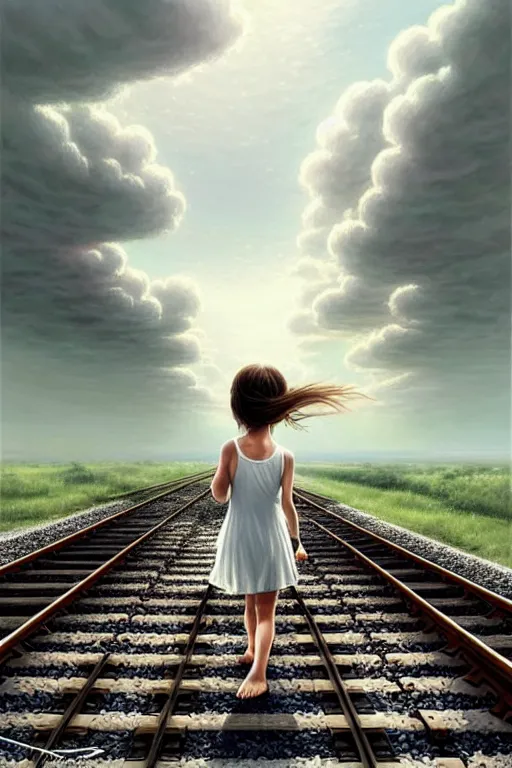 Image similar to on reflective water a barefoot girl carries her shoes, underwater train tracks, there is a train station in the distance and large white clouds on a wide horizon, intricate, elegant, highly detailed, digital photo, artstation, concept art, smooth, sharp focus, low angle photo, art by artgerm and greg rutkowski and fra angelico