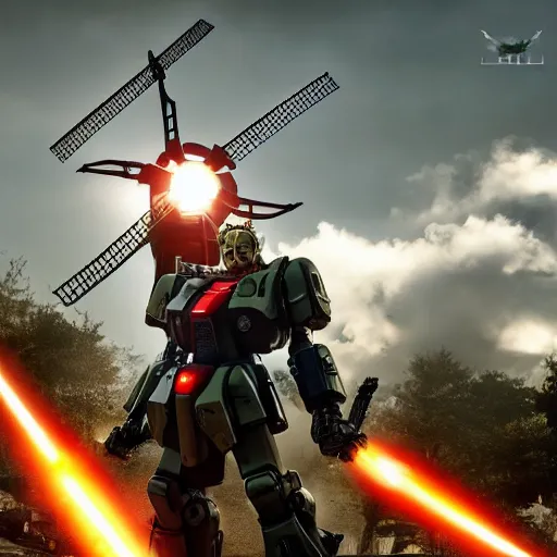 Image similar to gundam as dutch windmill in gears of war, splash art, movie still, cinematic lighting, ray tracing, octane render, long lens, shallow depth of field, bokeh, anamorphic lens flare, 8 k, hyper detailed, 3 5 mm film grain